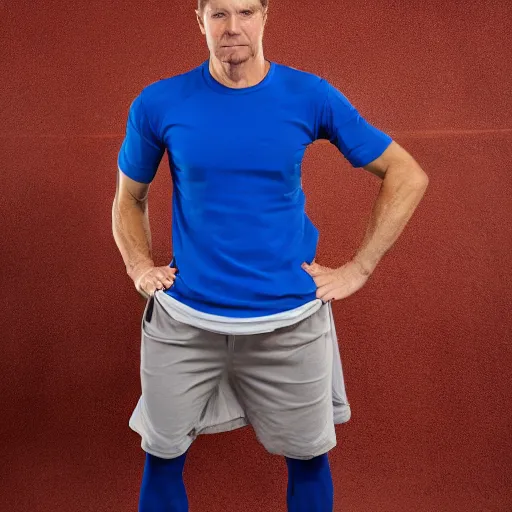 Image similar to heroic pose of an athletic man wearing a blue cap with a P on it