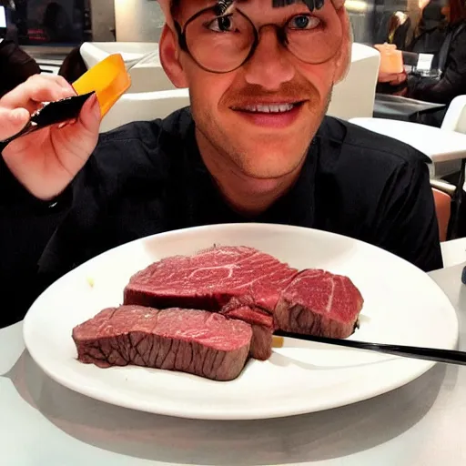 Prompt: a famous hollywood personality, eating wagyu steak at a macdonalds restaurant