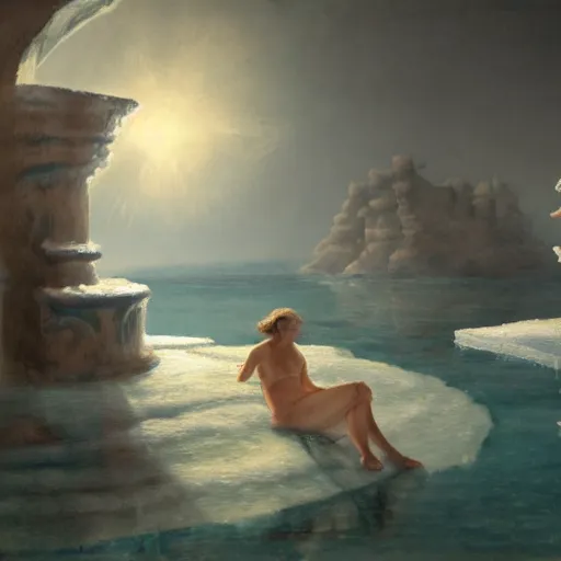 Image similar to The shadow of the dome of pleasure Floated midway on the waves; Where was heard the mingled measure From the fountain and the caves. It was a miracle of rare device, A sunny pleasure-dome with caves of ice!, cinematic lighting, detailed oil painting, hyperrealistic, 8k