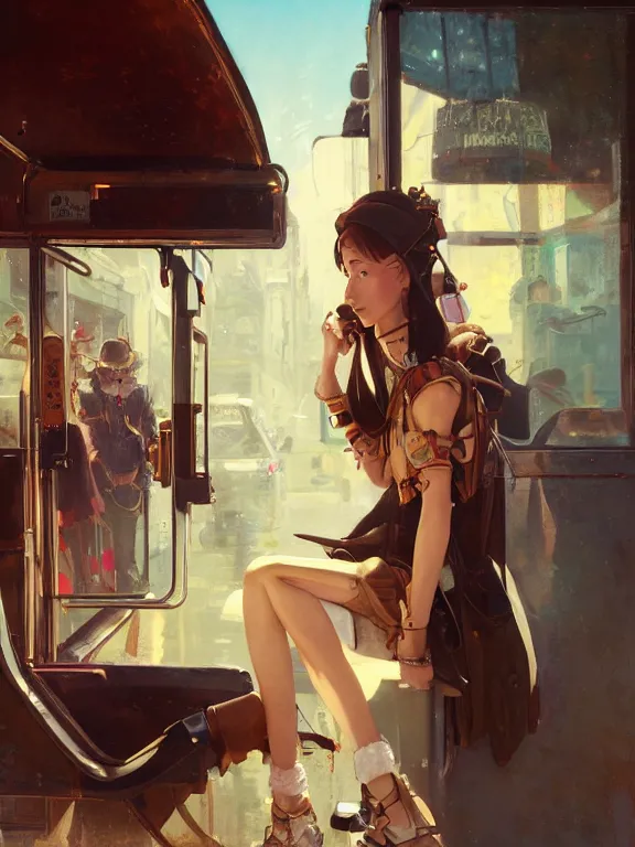 Prompt: an ultradetailed beautiful portrait painting of an female steampunk native inside a bus stop, side view, oil painting, high resolution, by ilya kuvshinov, greg rutkowski and makoto shinkai