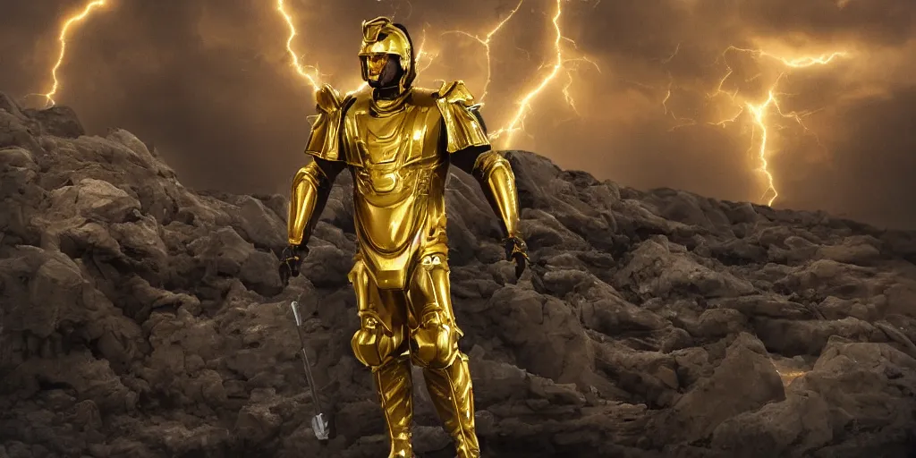 Image similar to zeus in his golden scifi armor ready for a battle, stormy sky,