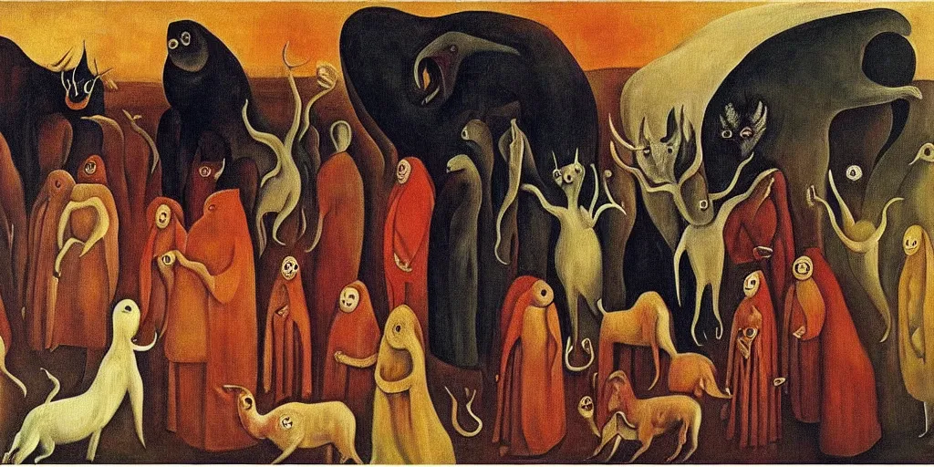 Prompt: disease decimating a global population, animals ruling the world, beautiful painting by leonora carrington