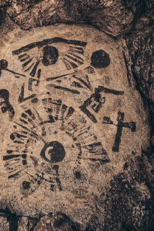 Image similar to 4 k photography of petroglyphs representing crosses, ufo, yin yang symbol on a cave