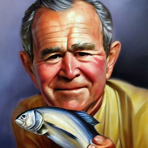 Image similar to ultra realistic portrait painting of a george bush holding a giant sardine, art by frank frazetta, 4 k, ultra realistic, highly detailed, epic lighting