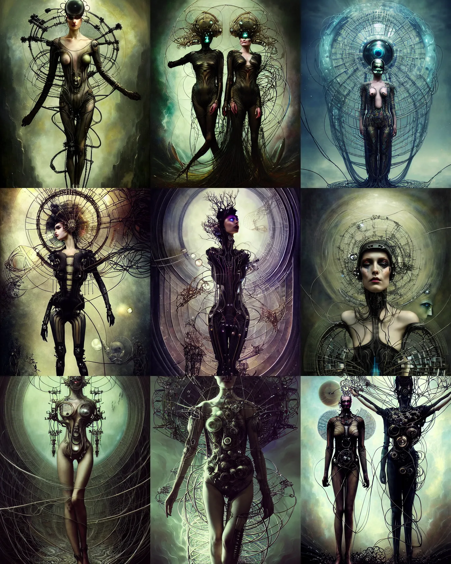 Prompt: karol bak and tom bagshaw and bastien lecouffe - deharme full body character portrait of a beautiful fashion model as the borg queen of parasitic glitchcore rebirth, floating in a powerful zen state, beautiful and ominous, wearing combination of mecha and bodysuit made of wires and garland, machinery enveloping nature in the background, scifi character render