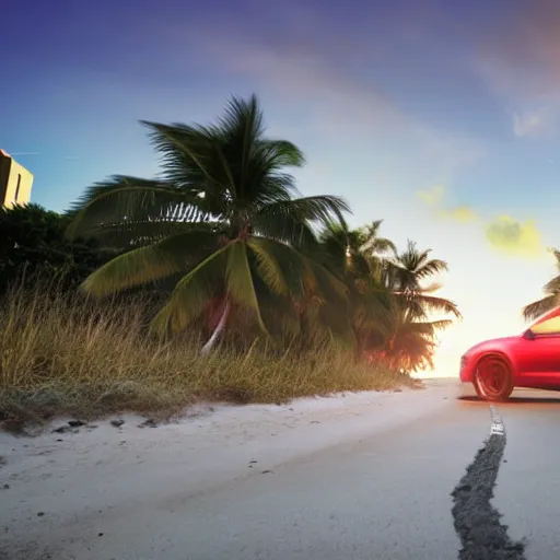 Image similar to a photo of a dog driving a car along a beach road in miami in sunset, photo realistic 8k