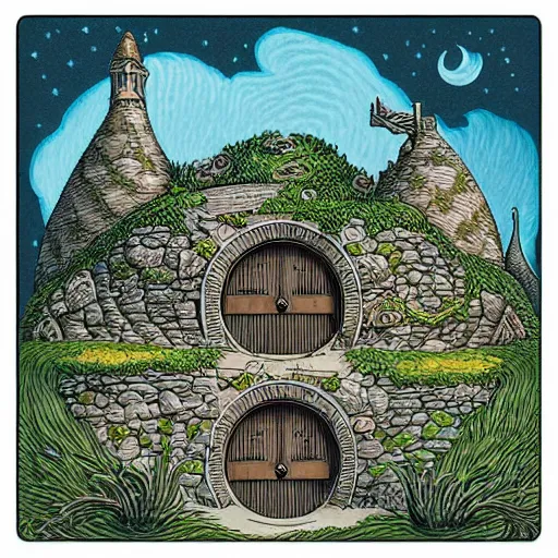 Image similar to square sticker of a hobbit palace, by joe fenton, white background, masterpiece