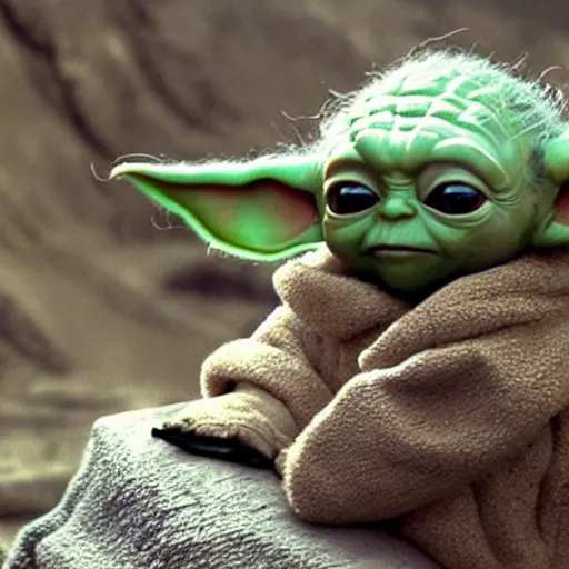 Image similar to a film still of baby yoda grown up and he is dying in battle in star wars realistic, detailed