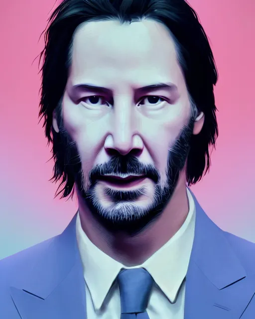 Image similar to Keanu Reeves starring at the camera, neutral face, 4k, pastel colours, greek sculpture, by beeple, album cover, accurate