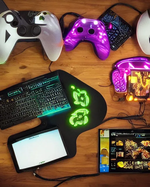 Image similar to gamer porkchops and mashed potatos on the new razer gaming LED plate, HD, trending on artstation, instagram post, LED