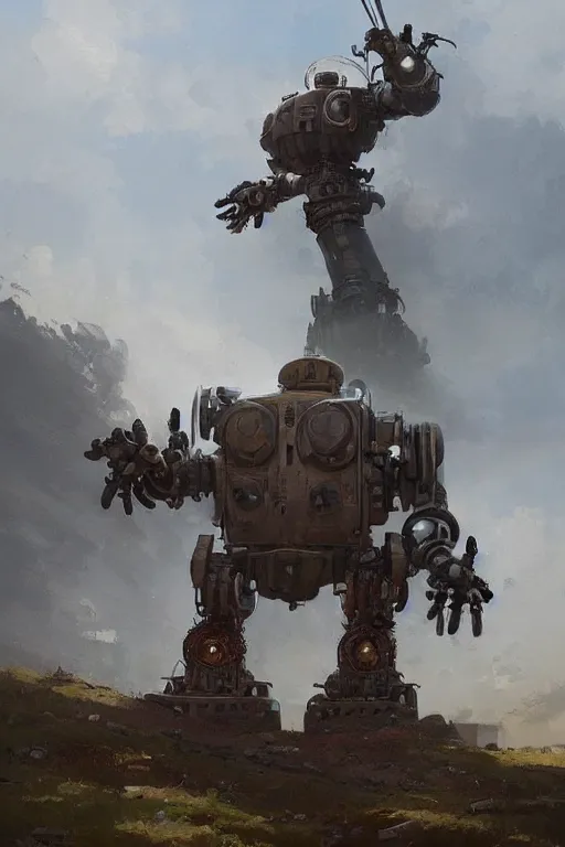 Prompt: giant dieselpunk robot stands on a hill above a small town, highly detailed, digital painting, artstation, concept art, smooth, clear focus, illustrations, works by Jakub Rozalski,