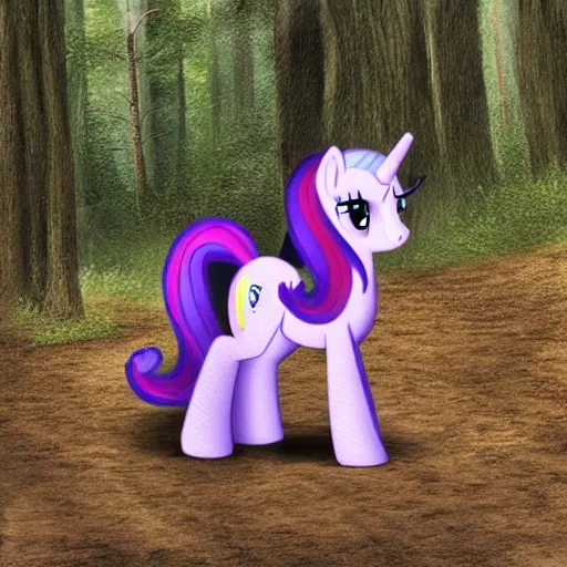 Image similar to photo of real my little pony in the woods feral cryptid