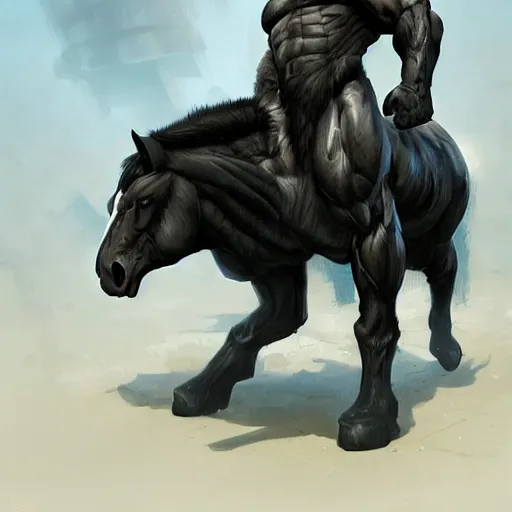 Prompt: a gigantically musclebound black - furred male anthro horse in a tactical outfit in a city warzone, absurdly hulking physique, furaffinity, furry art, highly detailed, digital painting, artstation, sharp focus, smooth, concept art, illustration, art by artgerm, greg rutkowski, wlop