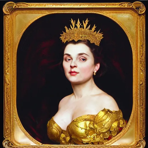 Prompt: side portrait of a young queen with a golden jeweled crown, head only, headshot, royalty, surrounded by gold leaves by Stanley Artgerm Lau , greg rutkowski, thomas kindkade, alphonse mucha, loish, norman rockwell, J. C. Leyendecker. white hair, black eyes, mouth slightly open, thorn border around the image. D&D, fantasy. Trending on artstation rule of thirds, detailed illustration, detailed lighting hd 4k