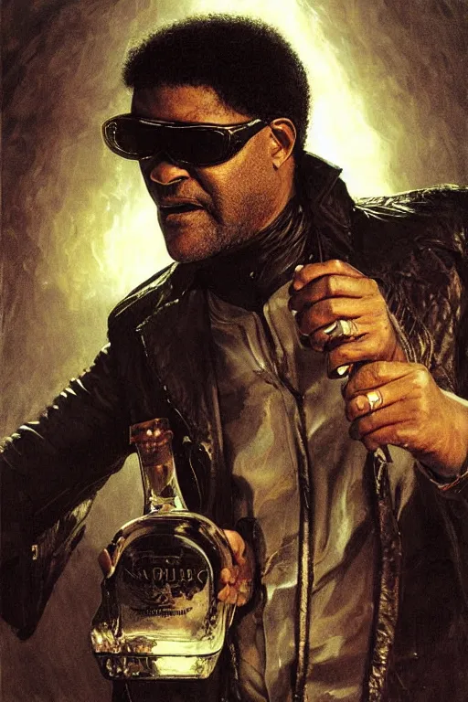 Prompt: laurence fishburne as morpheus, leather jacket, sunglasses, lying in a casket, coffin!!! death basket, drinking a 4 0, by gaston bussiere, craig mullins