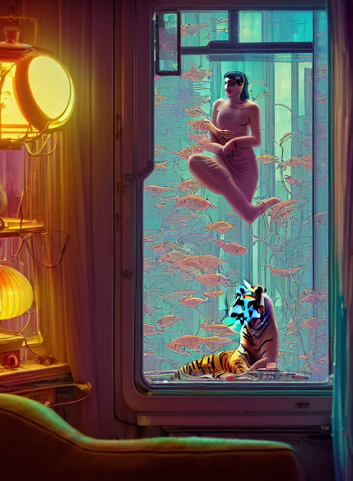 Image similar to telephoto 7 0 mm f / 2. 8 iso 2 0 0 photograph depicting the feeling of chrysalism in a cosy safe cluttered french sci - fi ( ( art nouveau ) ) cyberpunk apartment in a pastel dreamstate art cinema style. ( tiger ) ( ( fish tank ) ), ambient light.