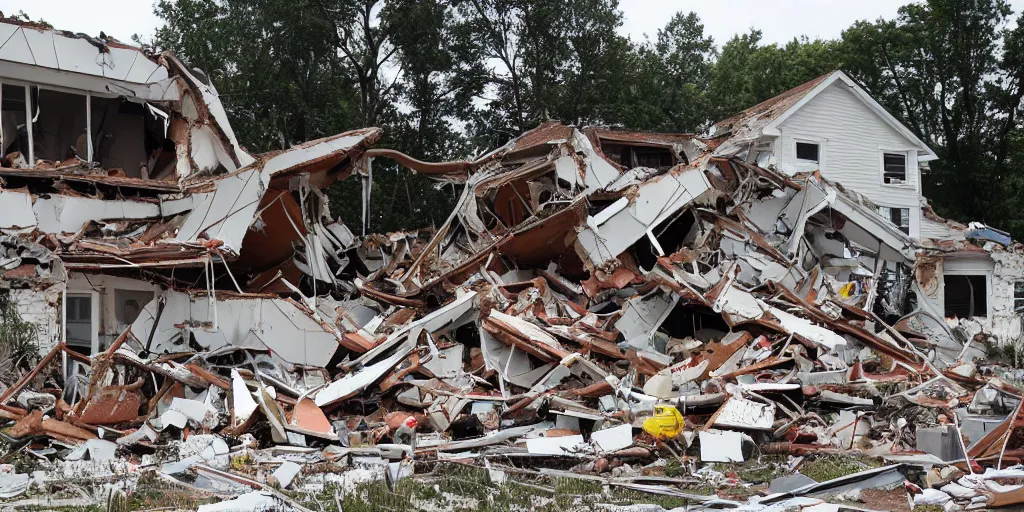 Prompt: A house being demolished by a wrecking ball, property damage, demolition