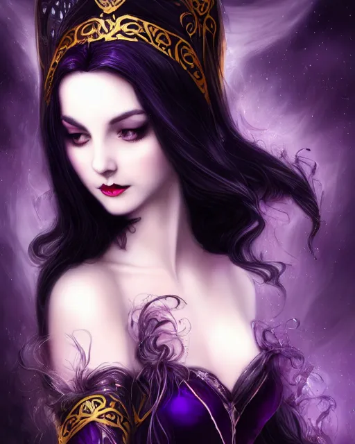 Image similar to a beautiful image of a young woman, Liliana Vess the last hope, dark enchantress, long flowing black hair, ornate headdress, Victorian purple and black elegant costume, young female face, cinematic top lighting, insanely detailed and intricate, face by wlop, Charlie Bowater, golden ratio, symmetric, elegant, ornate, luxury, elite, matte painting, cinematic, LIliana character from MTG, Magic the Gathering, trending on artstation, deviantart and cgsociety, 8k, high resolution