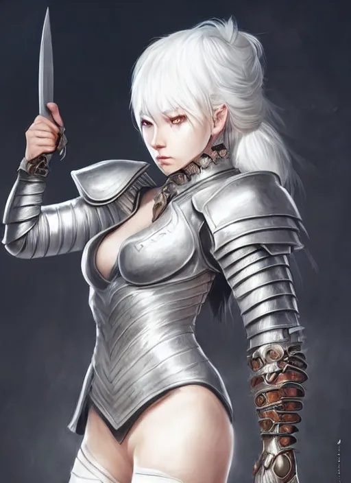 Image similar to warrior, fur leather armor!!! beautiful and elegant white hair female!! gorgeous ayes!! character concept art, sharp focus, octane render! unreal engine 5! highly rendered!! trending on artstation!! detailed linework!! illustration by artgerm, wlop, and chie yoshii