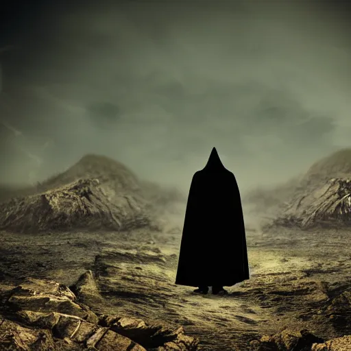 Prompt: man in torn black cloak in strange dark alien landscape with ash in the air at dusk
