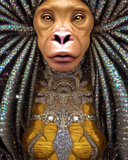 Image similar to a highly detailed metahuman 8 k close up render of a chimp renaissance in iris van herpen dress schiaparelli in diamonds crystals swarovski and jewelry iridescent in style of alphonse mucha gustav klimt trending on artstation made in unreal engine 4