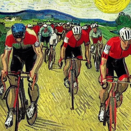 Image similar to jonas vingegaard on his bike in tour de france art by van gogh.