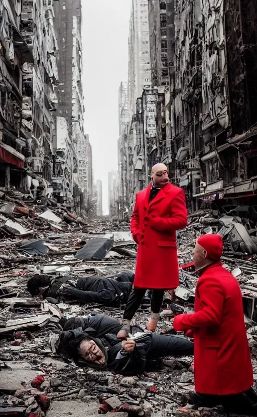 Image similar to cinematic scene of a bald comedian in red coat performing comedy show on top of dead bodies in streets of an apocalyptic metropolis destroyed after war, dramatic lighting, insane details