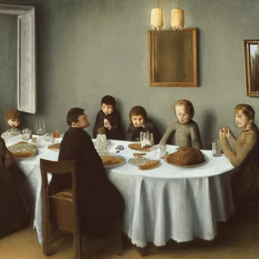 Prompt: family dinner of tardigrades in style of vilhelm hammershoi