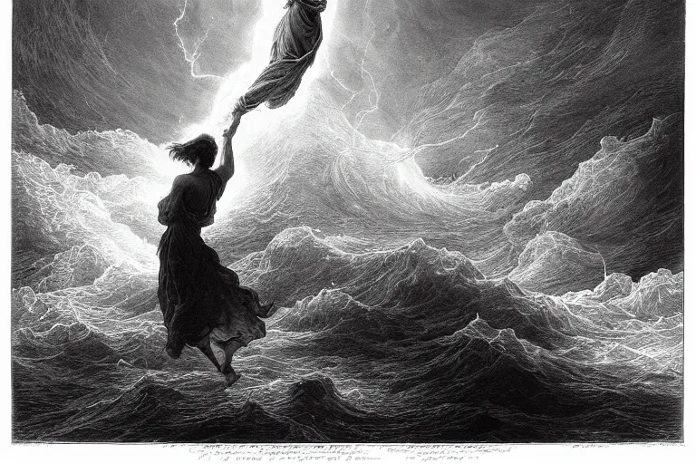 Image similar to black and white, young french woman illuminated by a beam of light through detailed stormy clouds in the sea, demons fly in background, Gustave Dore lithography