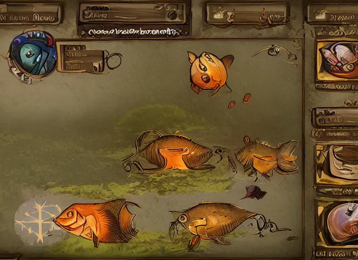 Image similar to fishing game, cozy casual game, fish for eldritch abominations, sacrifice fish to dagon