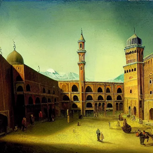 Prompt: a rembrandt painting of jamia masjid downtown srinagar