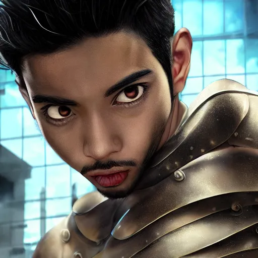 Prompt: anime of young puerto rican man with facial hair, longer nose brown eyes, full body, reptile armor, by shinichiro watanabe, hyper realistic, dark fantasy detailed, high definition insanely detailed, bitter wide angle lens glow in the dark