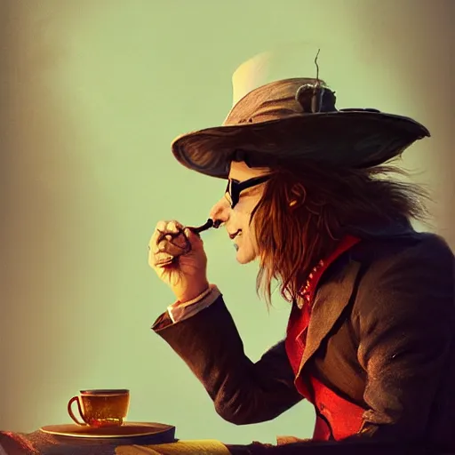 Prompt: the mad hatter, wearing shades, drinking tea, by Viktor Antonov,, greg rutkowski, fantasy, D&D, trending on artstation, smooth, sharp focus