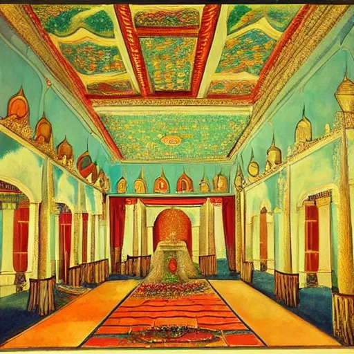 Prompt: A fantasy Indian palace painted by Raja Nandepu