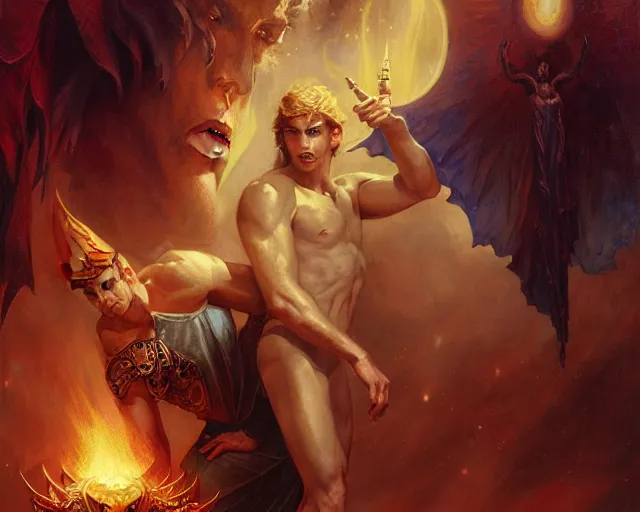 Image similar to attractive male deity, casting demonic magic, summoning handsome lucifer morning star. highly detailed painting by gaston bussiere, craig mullins, j. c. leyendecker 8 k