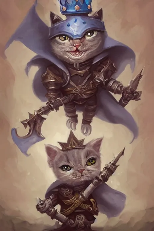 Image similar to cute little anthropomorphic cat knight wearing a cape and a crown, tiny, small, miniature cat , baby animal, short, pale blue armor, cute and adorable, pretty, beautiful, DnD character art portrait, matte fantasy painting, DeviantArt Artstation, by Jason Felix by Steve Argyle by Tyler Jacobson by Peter Mohrbacher, cinematic lighting