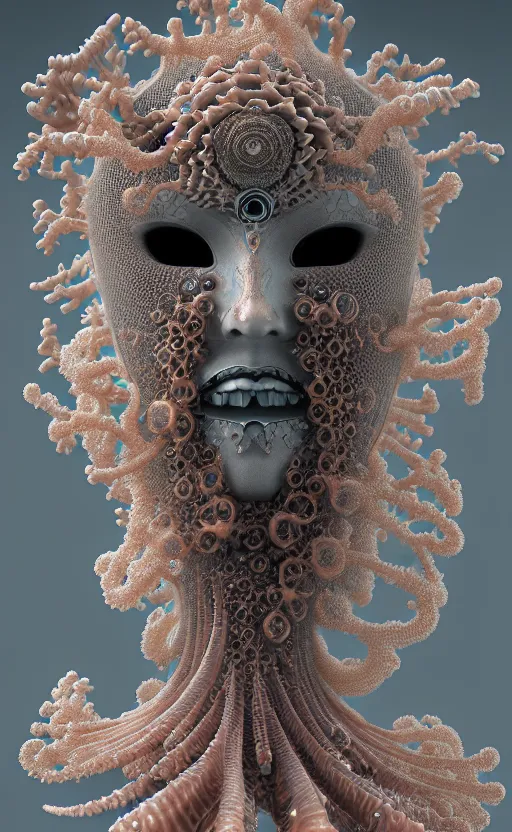 Image similar to gothic goddess intricate mask, eagle coral, jelly fish, mandelbulb 3 d, fractal flame, octane render, cyborg, biomechanical, futuristic, by ernst haeckel