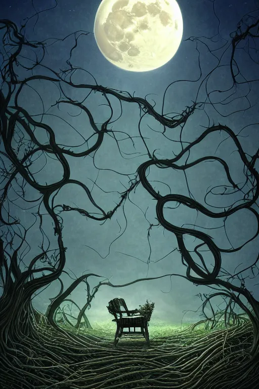 Image similar to a beautiful digital illustration painting of a detailed gothic fantasy full moon and roots, throne chair and vines, dramatic cinematic sky colors by benoit b. mandelbrot, steven belledin, martin johnson heade, lee madgwick, caspar david friedrich, and david rios ferreira. 8 k resolution trending on artstation concept art digital illustration