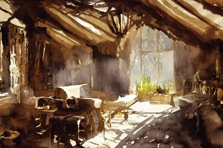 Prompt: abstract watercolor painting of hedonic scandinavian king house interior, in stone, straw roof, war lord, magical and traditional, crisp daylight, sharp shadows, cinematic light, national romanticism by anders zorn, by greg rutkowski, by greg manchess