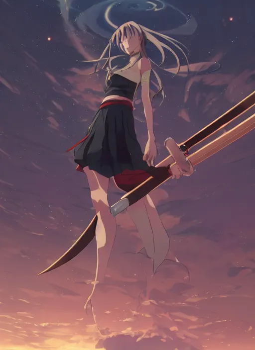 Prompt: anime girl with a katana walking on water, ripples, backdrop of dawn, saturn in the background, low angled illustration from demon slayer from genshin impact from jujutsu kaisen, concept art, anime, key visual, trending pixiv fanbox by wlop and greg rutkowski and makoto shinkai and studio ghibli