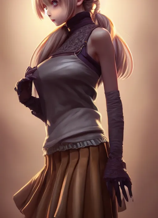 Image similar to portrait of a full body of beautiful young female detective, d & d, sleeveless turtleneck, pleated skirt, fantasy, flat lighting, intricate, highly detailed, digital painting, artstation, concept art, smooth, sharp focus, illustration, misa amane, art by simon bisley and greg rutkowski and alphonse mucha, natural tpose