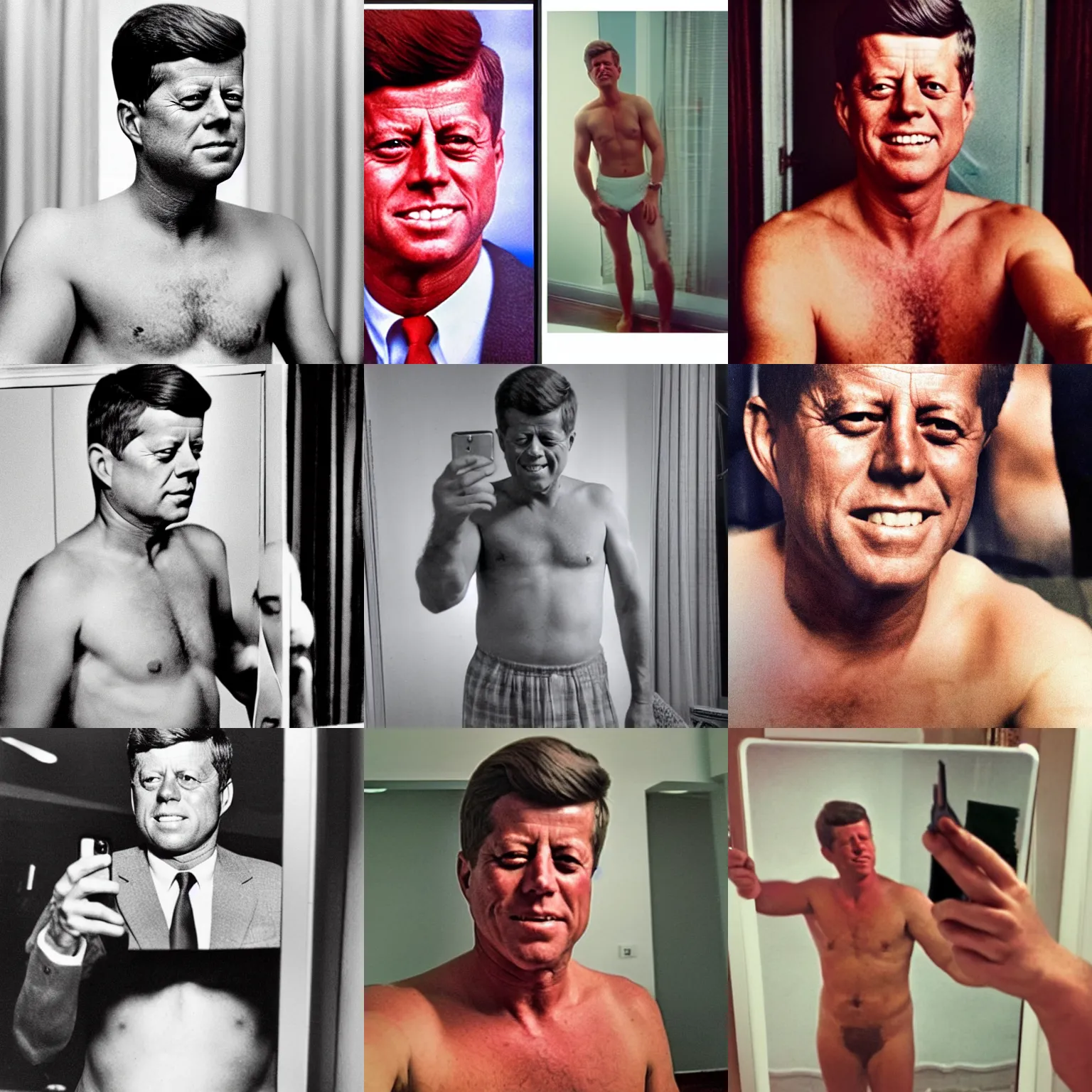 Prompt: jfk shirtless mirror selfie. a modern full color digital professional photo of john f kennedy if he was alive in 2021. Digital color photo. Professional photo. Modern photography. Photo from 2021