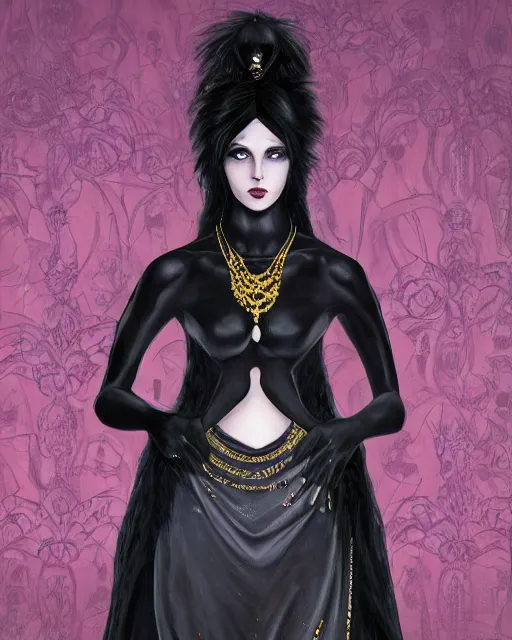 Prompt: a portrait of black furry shadow nightmare monster and human hybrid, long black velvet gown, gold necklaces, illustration, dramatic lighting, soft details, painting oil on canvas, art nouveau, octane render, HDR, 4k, 8k, HD, by Edmund Blair Leighton, Brom, Charlie Bowater, trending on artstation, Tom Bagshaw, faces by otto Schmidt