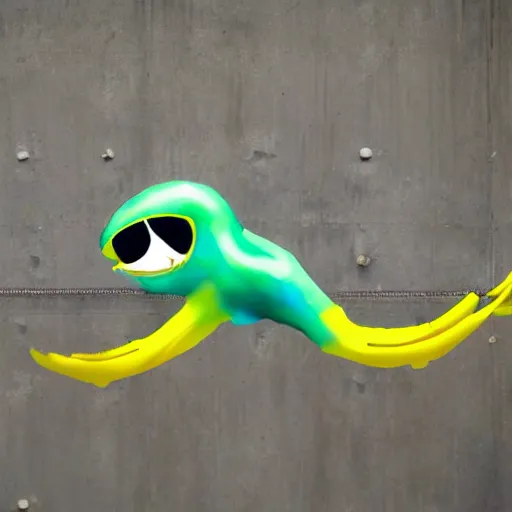 Image similar to Humanoid teal squid standing on two legs wearing yellow raincoat jumping of the edge of a dock in a city that is overwatched by a eye in a hand