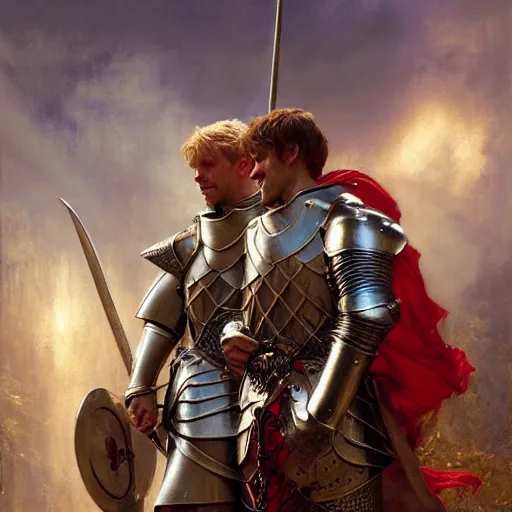 Image similar to attractive arthur pendragon and his favourite attractive male knight, they are in love, camelot, natural lighting, path traced, highly detailed, high quality, digital painting, by gaston bussiere, craig mullins, j. c. leyendecker