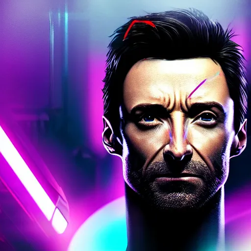 Prompt: hugh jackman portrait, cyberpunk 2 0 7 7, cyberpsycho, photorealistic, ultra detailed, neon, octane, bokeh, cyber, cyberpunk city, feature, scars, cyberface, 8 k