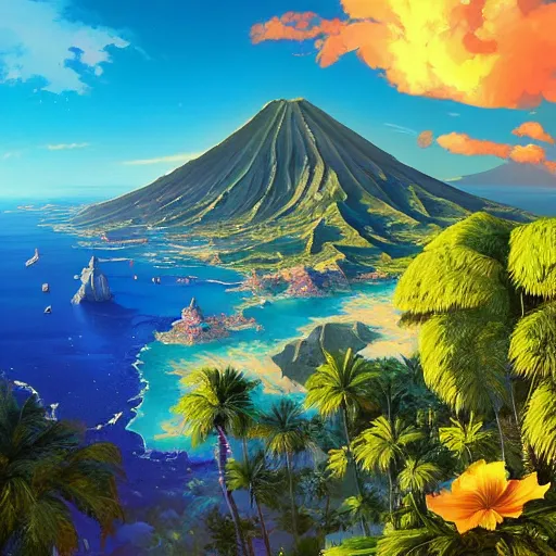 Image similar to a painting a breathtaking aerial view of Hawaiian islands, surrounded by palm trees, clouds, flowers, volcano, azure ocean, sunlight glistening, glow, , a detailed matte painting by sylvain sarrailh, Stephan Martinière, by RHADS, Makoto Shinkai, bokeh, Artstation contest winner, fantasy art, concept art, #vfxfriday