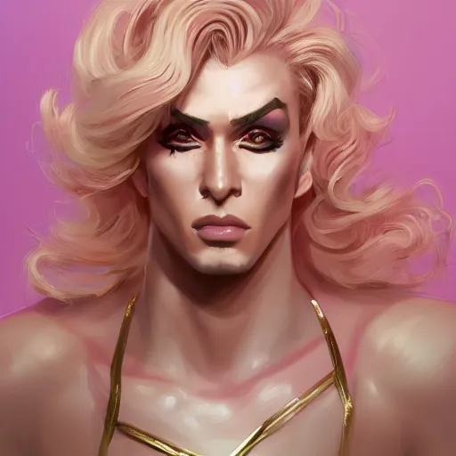 Prompt: illustration of a masculine drag queen, light pink, gold color scheme, artgerm, cushart krenz, artstation, soft light, sharp focus, award - winning, 4 k, 8 k, broad - brush, oil, symmetrical, digital art, character design, concept art