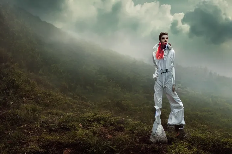 Image similar to a cinematic portrait of a beautiful model woman wearing hazmat suit, on the top of a mountain, overlooking a vast serene forest, large diffused light, neon light, 4 k, ultra realistic, dramatic lighting, rain, clouds, fog, vogue, fashion, glamour, magazine spread, by marco mazzoni and jessica rossier