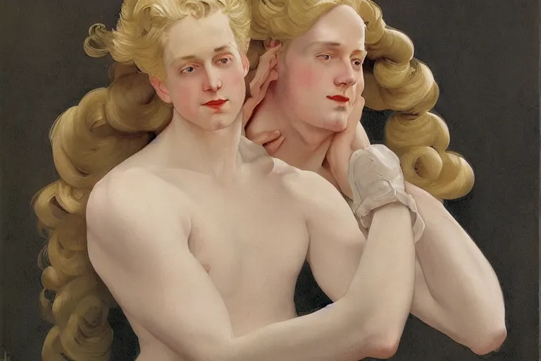 Image similar to Painting of lucius as an indolent consort, long blond drill curls, delicate androgynous prince, pale white porcelain skin, cool tones, by Leyendecker and Norman Rockwell